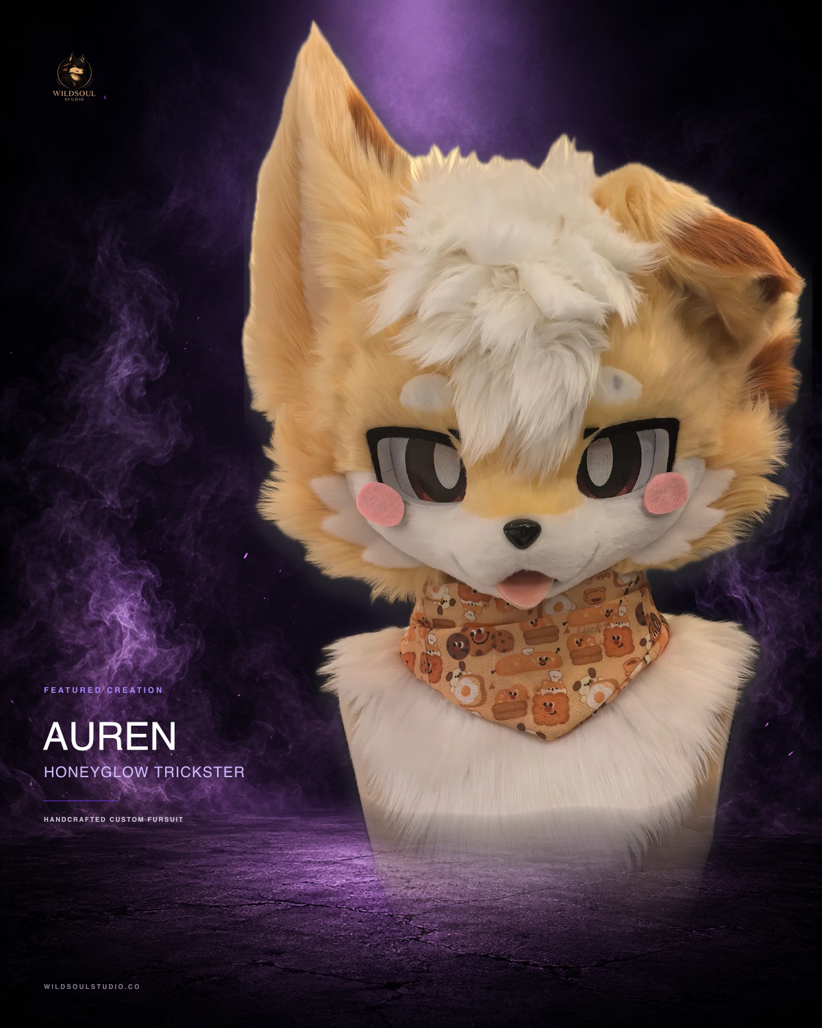 Additional portfolio view of Auren, a completed custom fursuit head by WildSoul Studio