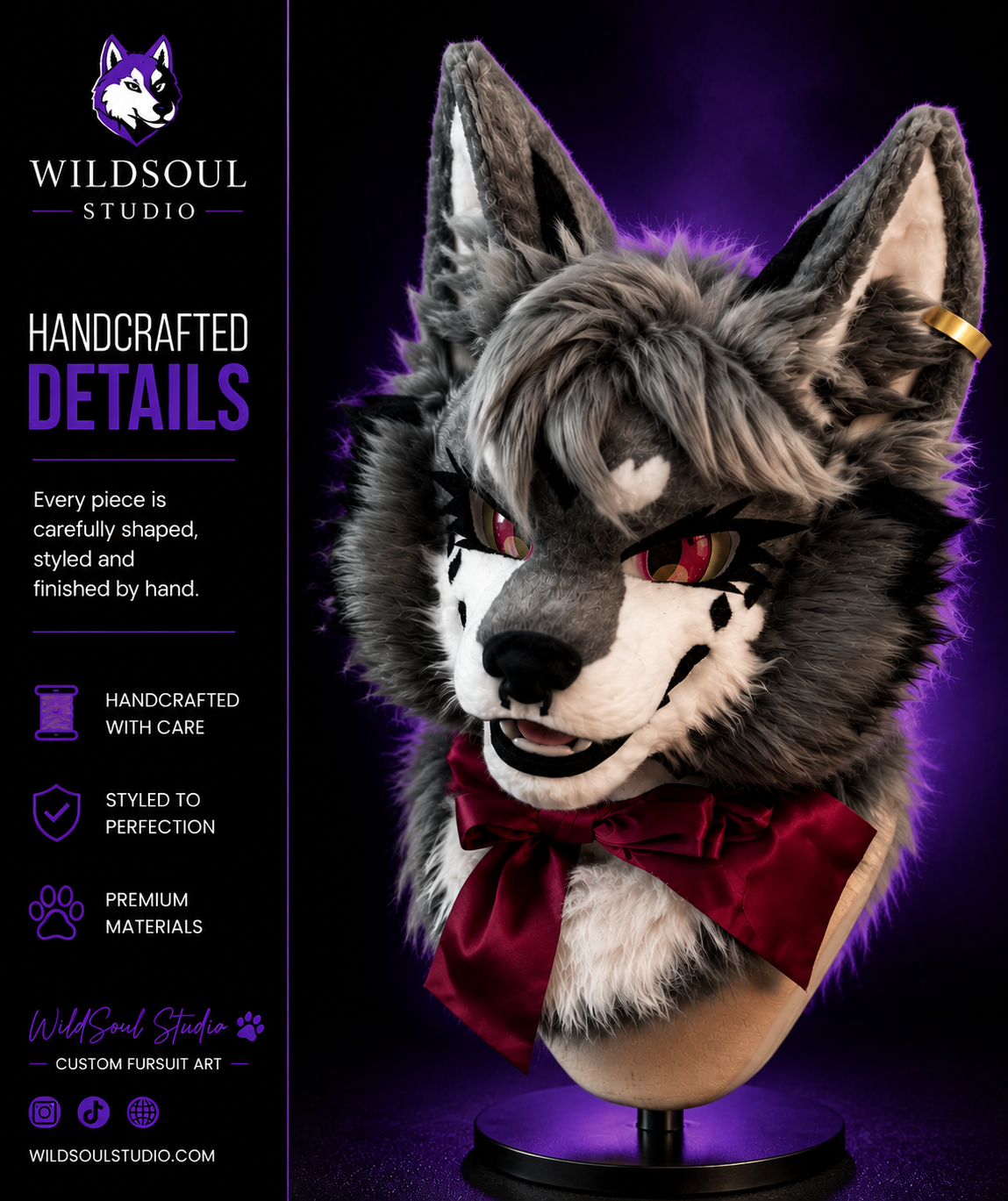 Side profile of Caelric Crimson Court Sentinel custom fursuit by WildSoul Studio