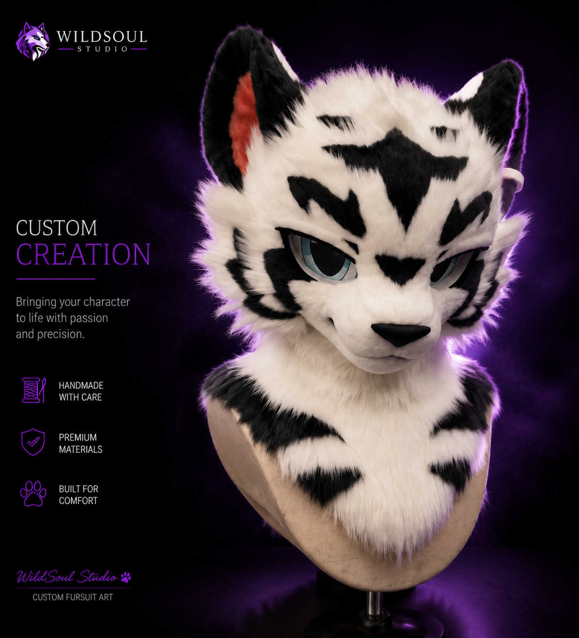 Multi-view showcase of Soryn Froststripe Wanderer custom fursuit by WildSoul Studio