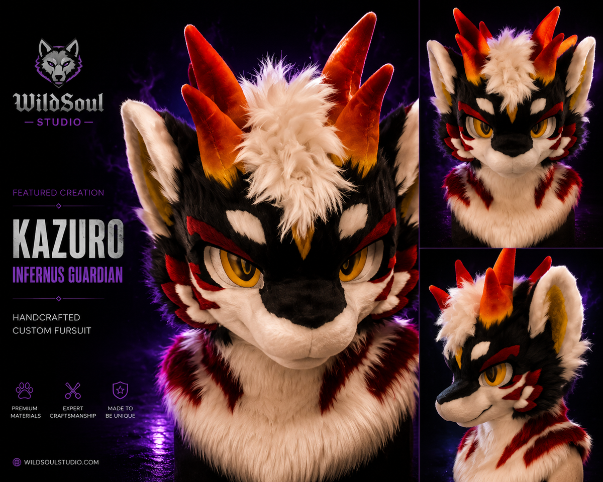 Multi-view showcase of Kazuro Infernus Guardian custom fursuit by WildSoul Studio
