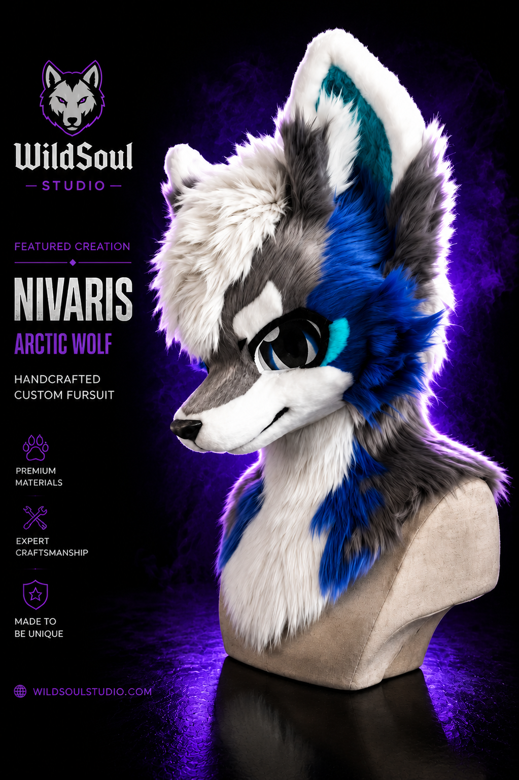 Side profile of Nivaris Arctic Wolf handcrafted furry character by WildSoul Studio