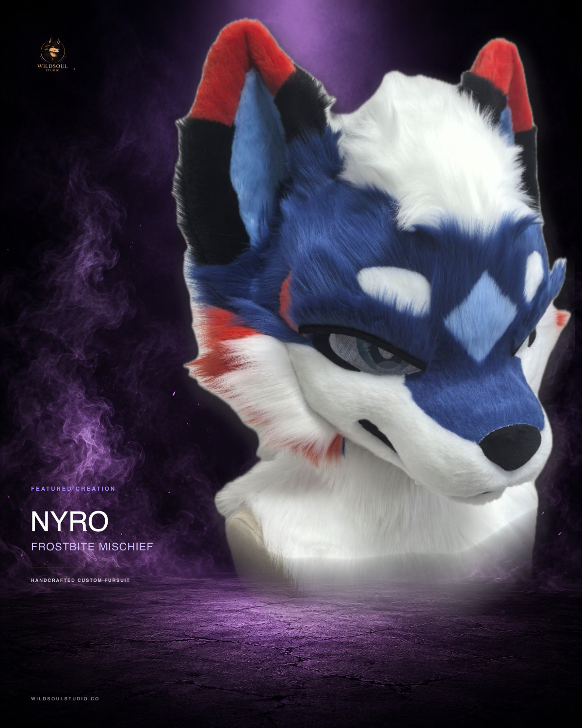 Multi-view portfolio showcase of Nyro, a completed custom fursuit head by WildSoul Studio