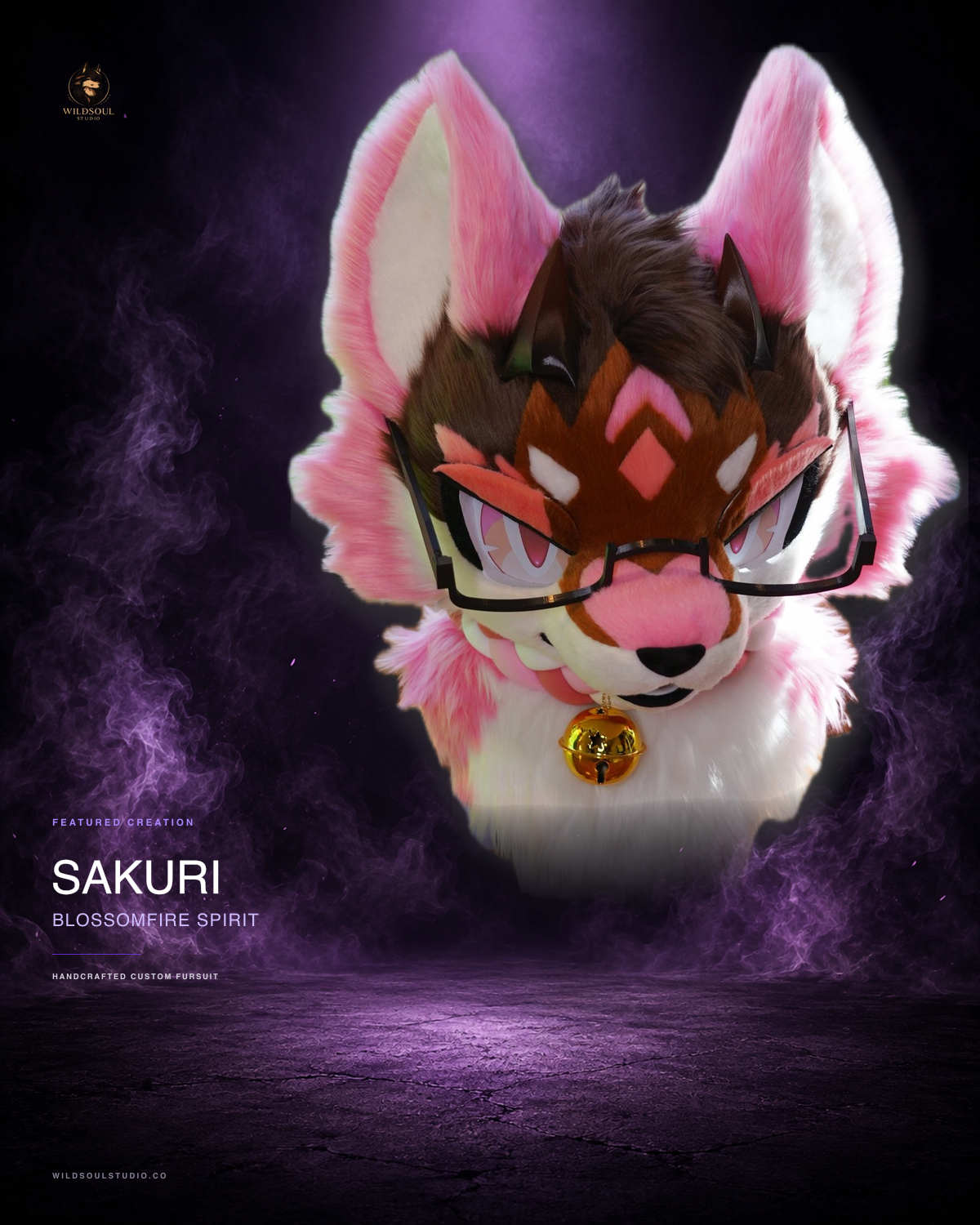 Craftsmanship showcase of Sakuri, a completed custom fursuit head by WildSoul Studio
