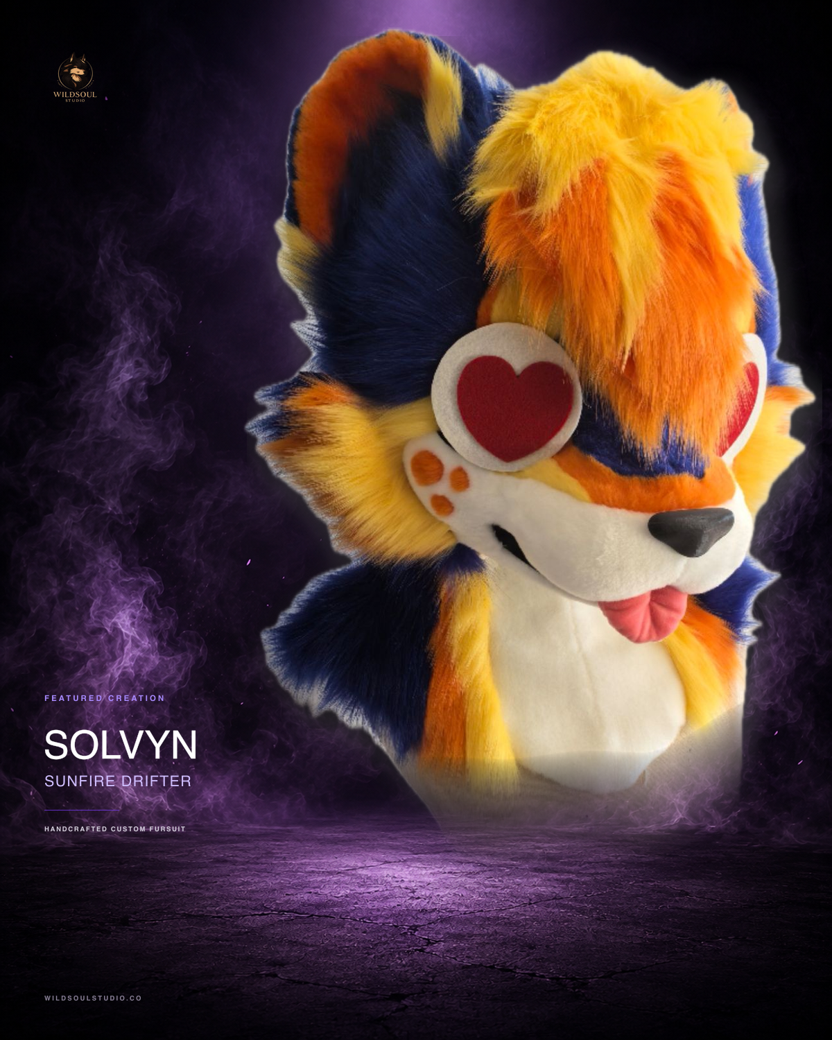 Final portfolio view of Solvyn, a completed custom fursuit head by WildSoul Studio