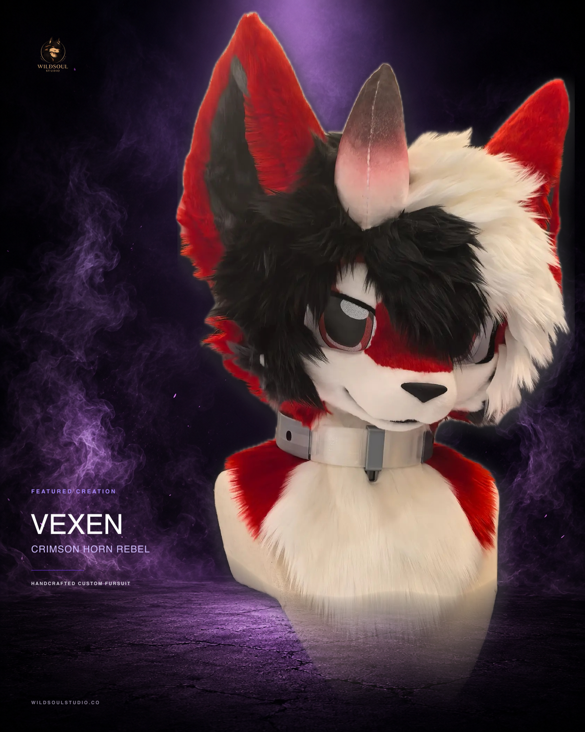 Character detail view of Vexen, a completed custom fursuit head by WildSoul Studio