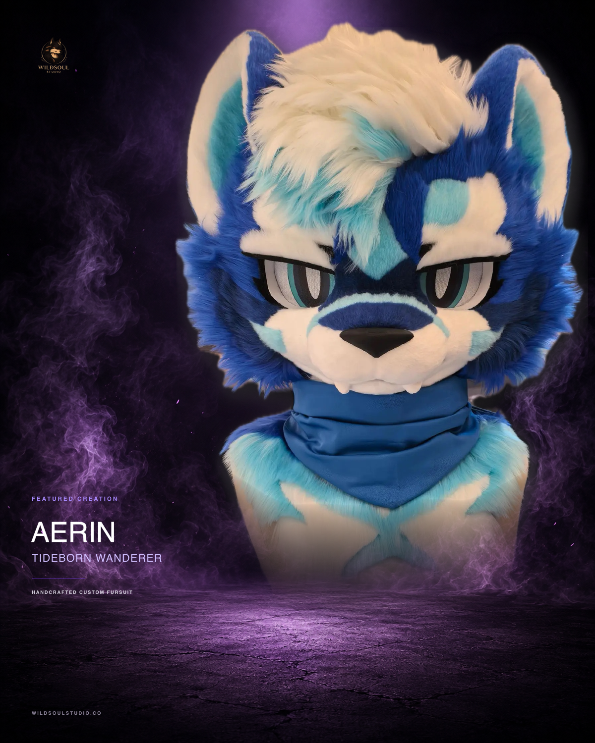 Featured portfolio view of Aerin, a completed custom fursuit head by WildSoul Studio