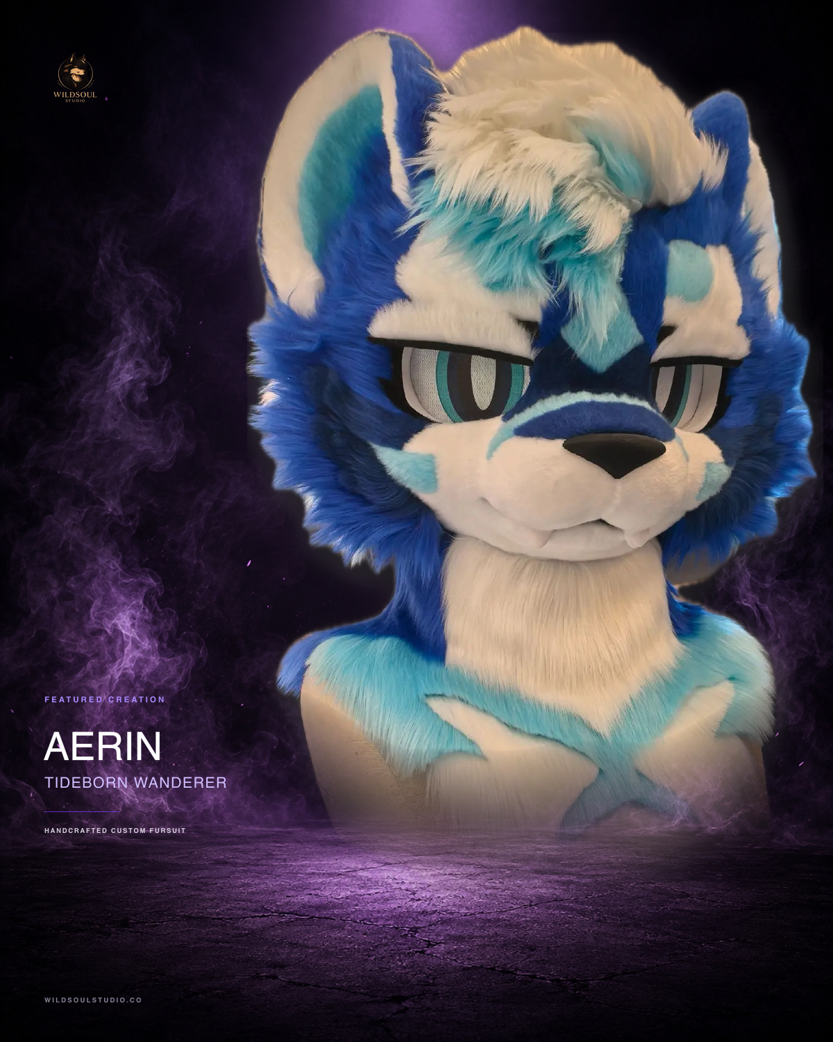 Character detail view of Aerin, a completed custom fursuit head by WildSoul Studio