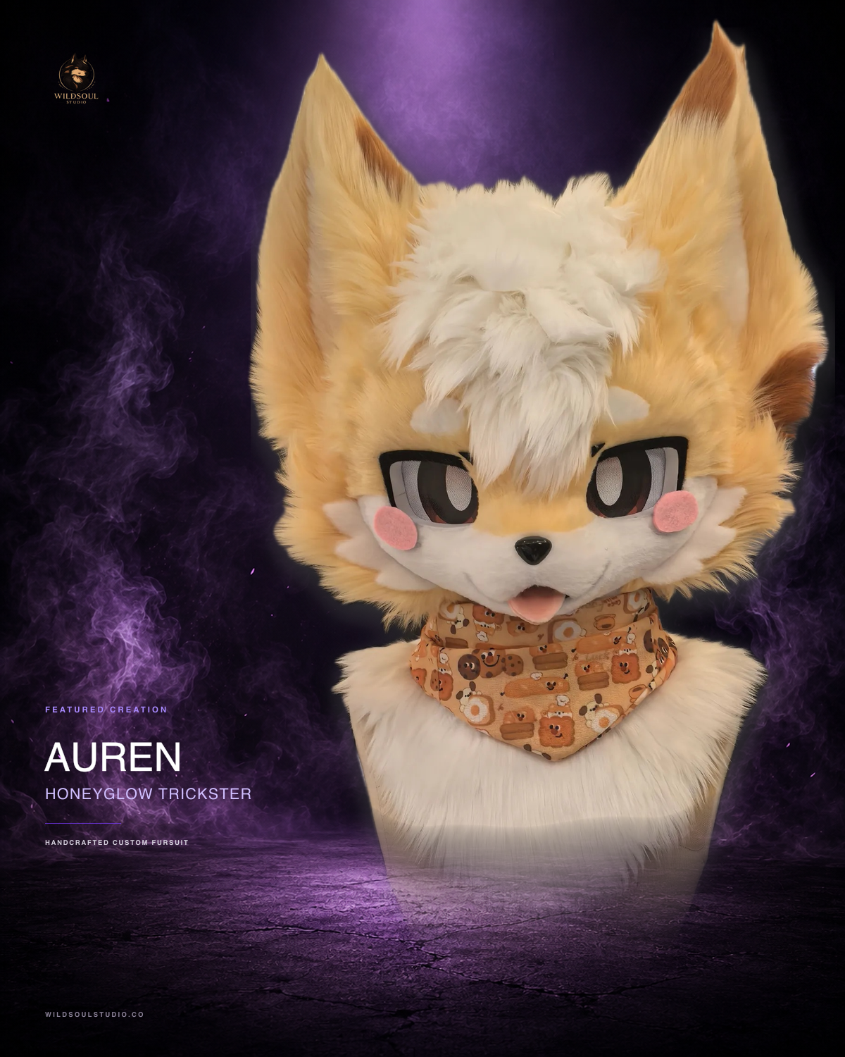 Featured portfolio view of Auren, a completed custom fursuit head by WildSoul Studio