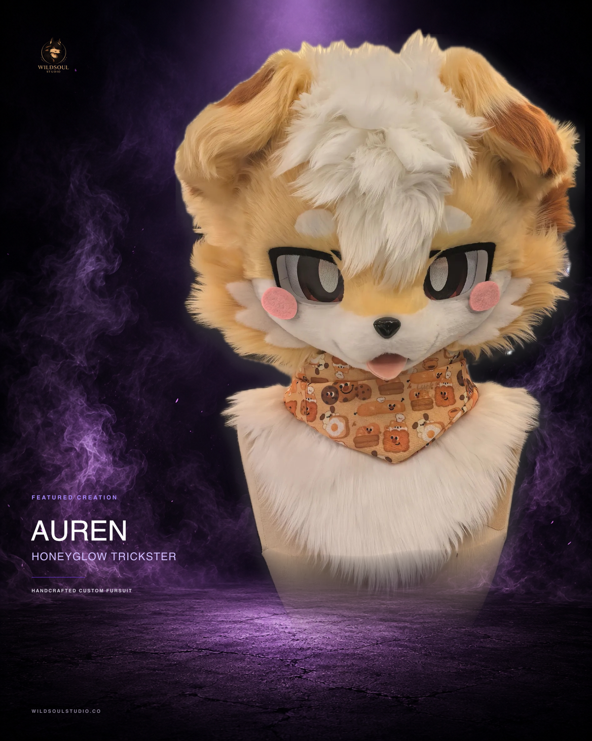 Alternate portfolio view of Auren, a completed custom fursuit head by WildSoul Studio