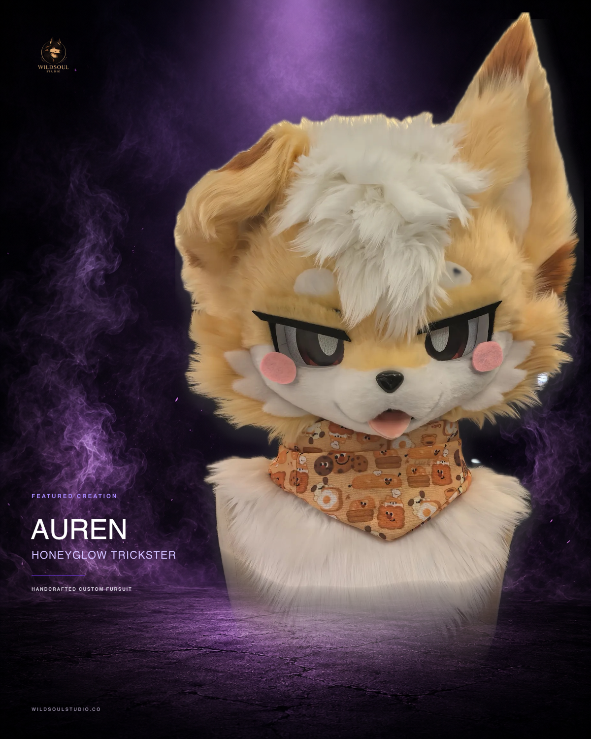 Character detail view of Auren, a completed custom fursuit head by WildSoul Studio