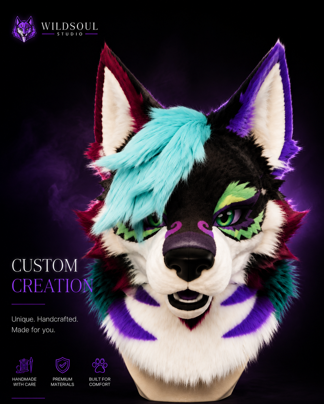 Three-quarter display of Zarek Verdant Neon Vanguard custom fursuit by WildSoul Studio