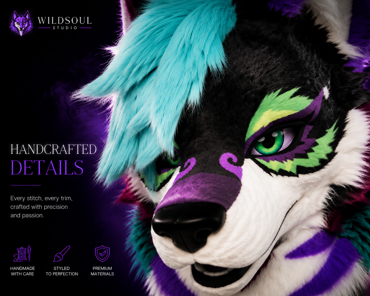 Character detail view of Zarek, a completed custom fursuit creation by WildSoul Studio