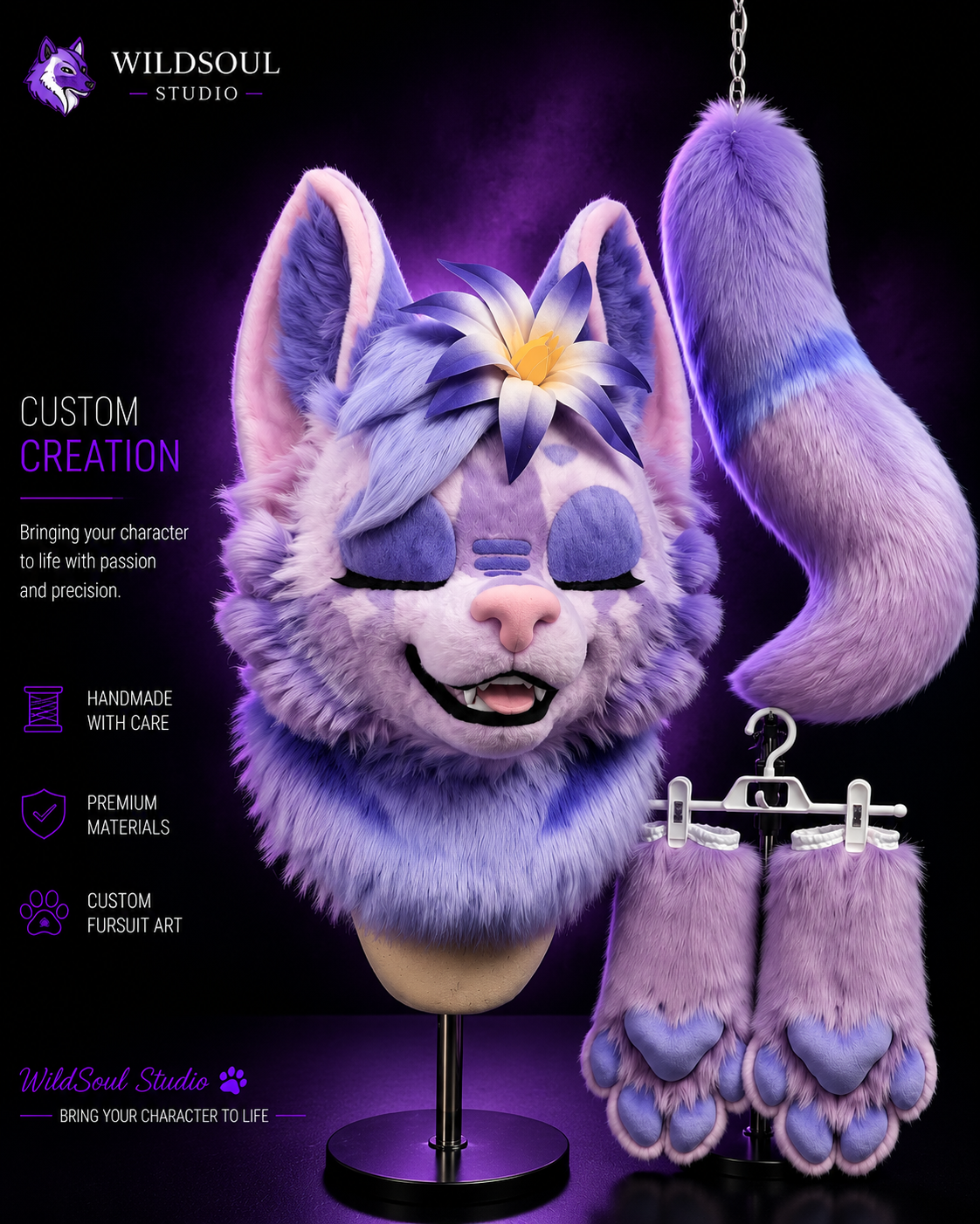 Character detail view of Elowen, a completed custom fursuit creation by WildSoul Studio