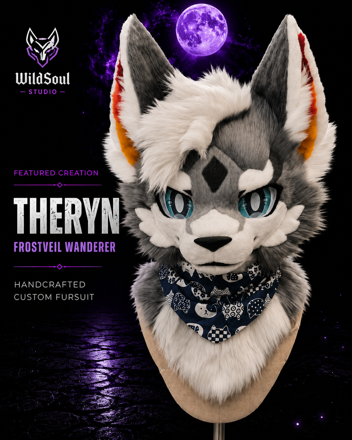 Featured portfolio view of Theryn, a completed custom fursuit creation by WildSoul Studio