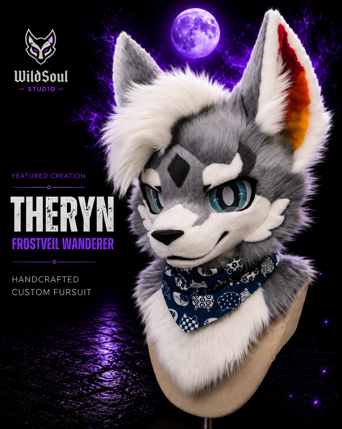 Character detail view of Theryn, a completed custom fursuit creation by WildSoul Studio