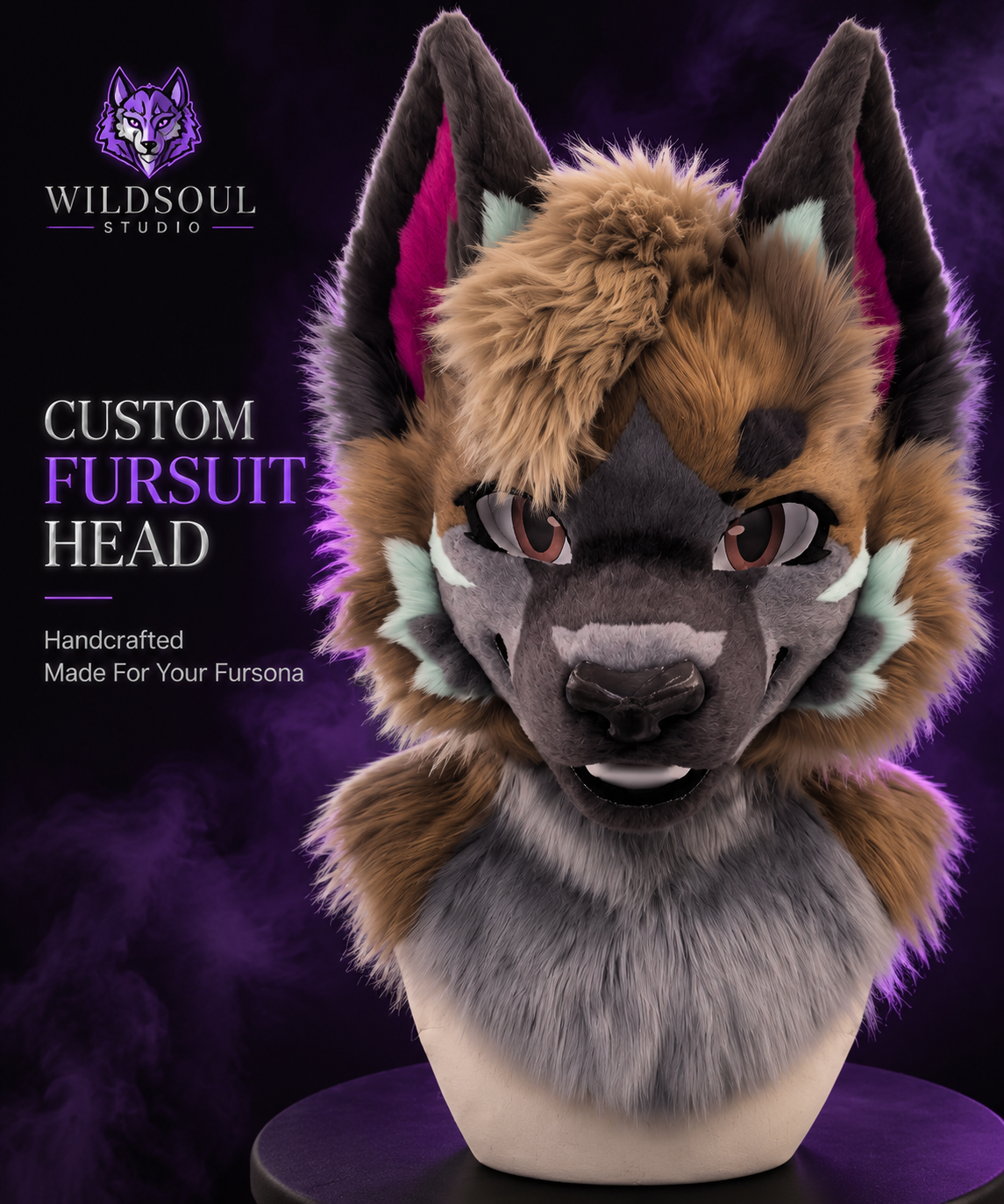 Front view of Riven Neonwild Sentinel handcrafted custom fursuit by WildSoul Studio