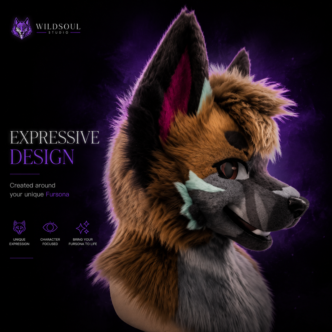 Right profile of Riven Neonwild Sentinel custom fursuit creation by WildSoul Studio