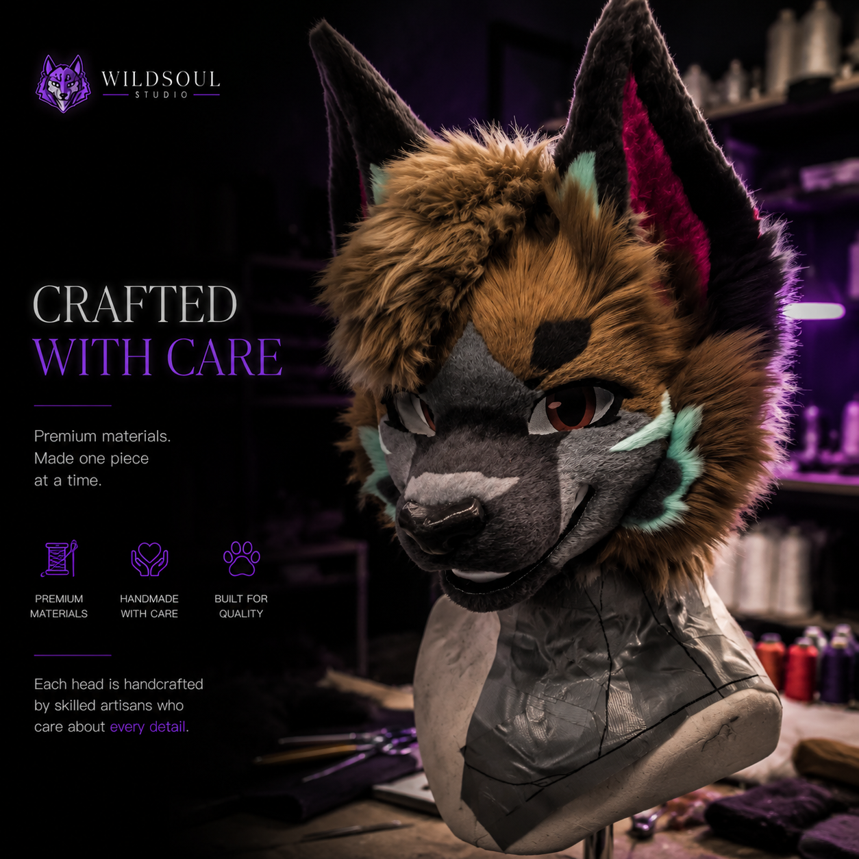 Left three-quarter view of Riven Neonwild Sentinel custom fursuit by WildSoul Studio