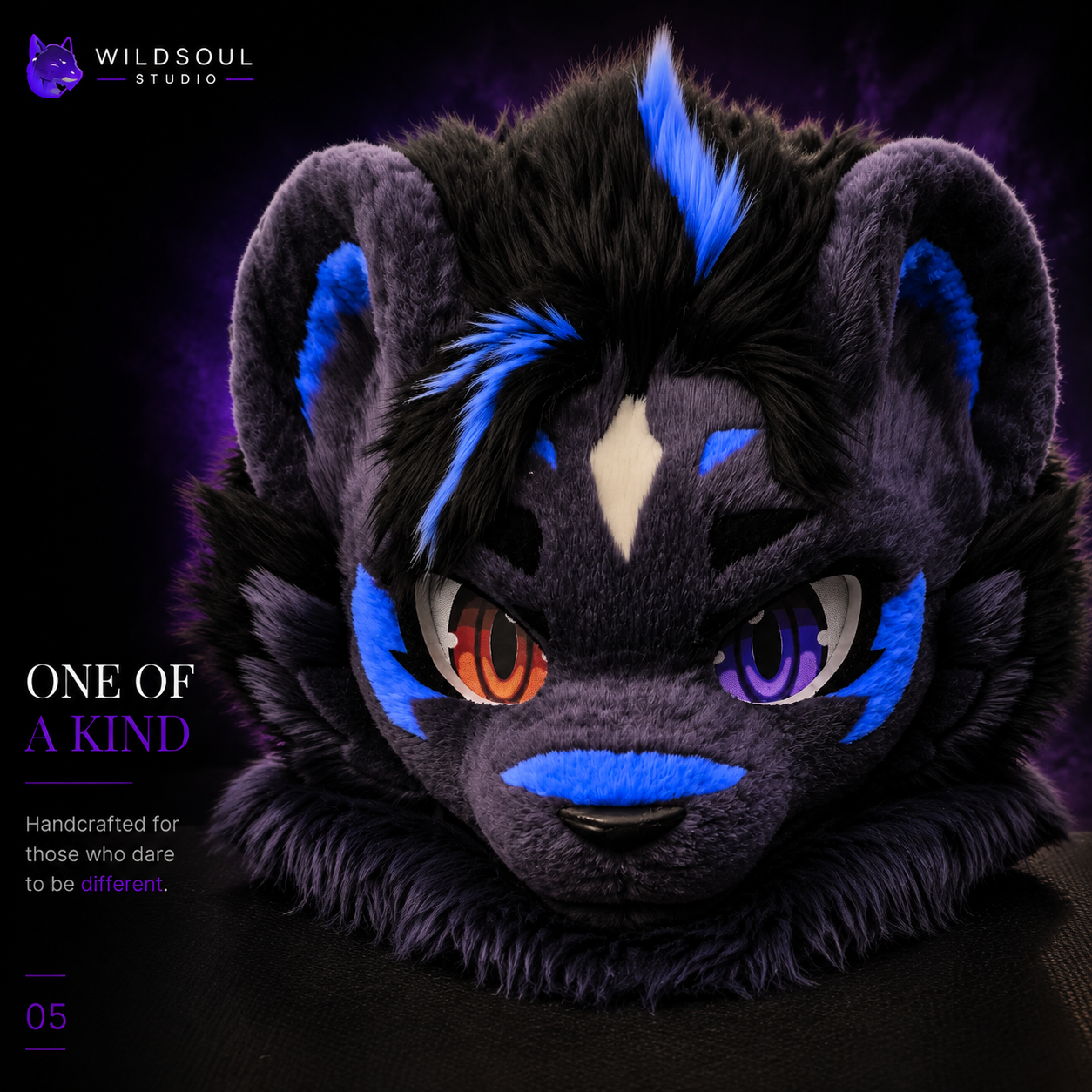 Close-up front view of Nyxara Azure Dusk Stalker custom fursuit by WildSoul Studio
