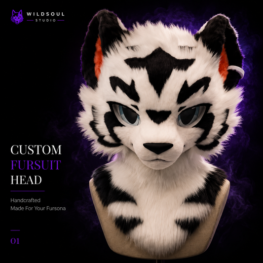 Front view of Soryn Froststripe Wanderer handcrafted custom fursuit by WildSoul Studio