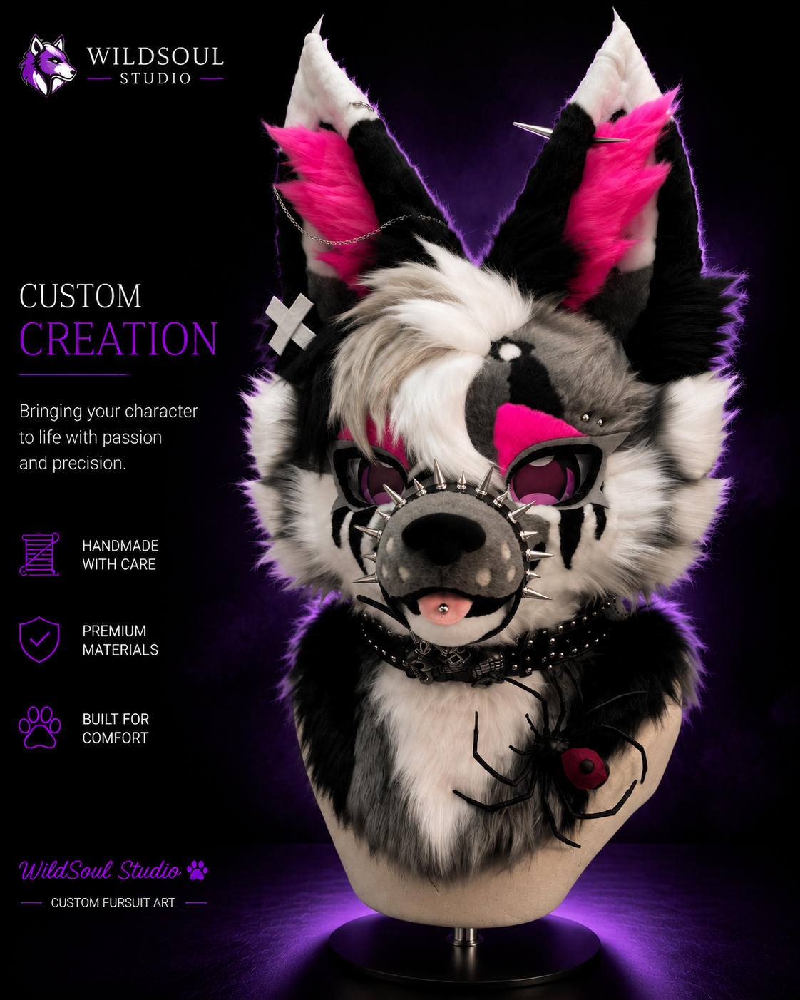 Close-up view of Veyra Chained Neon Rogue custom fursuit by WildSoul Studio