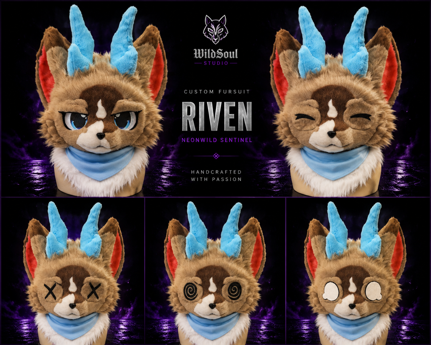 Multi-view showcase of Lunaris Moonbound Guardian custom fursuit by WildSoul Studio