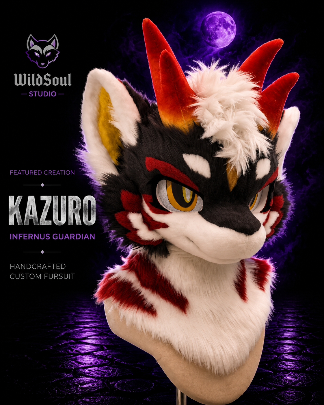 Character detail view of Kazuro, a completed custom fursuit creation by WildSoul Studio