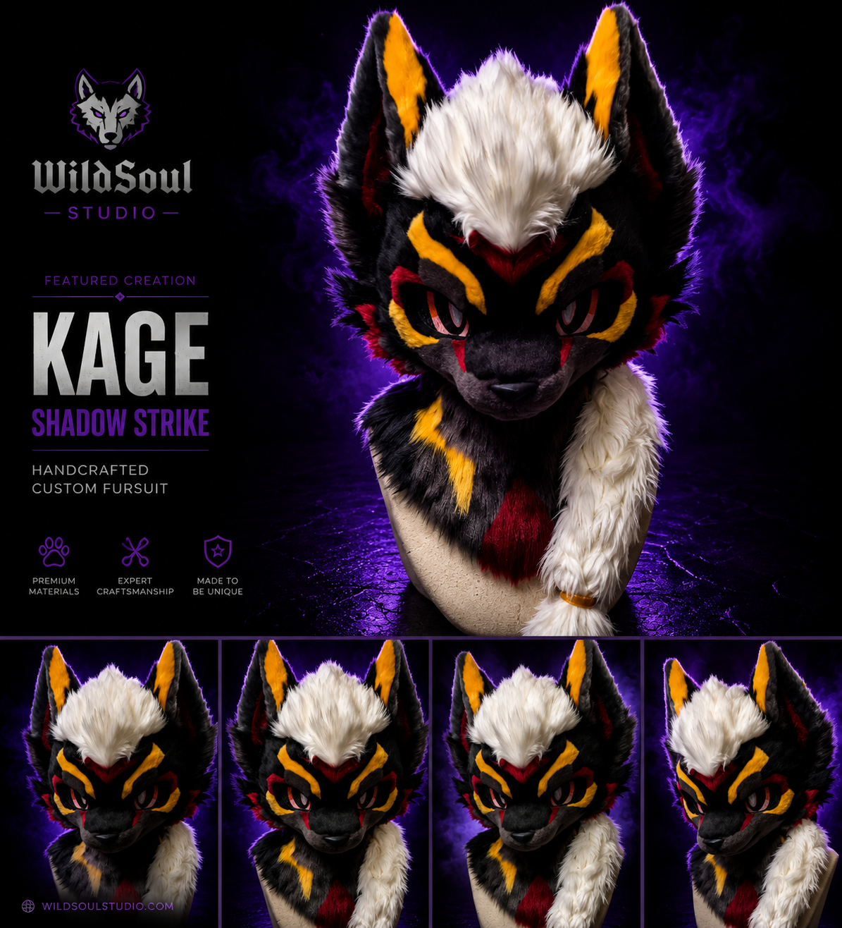 Multi-view showcase of Kage Shadow Strike custom fursuit by WildSoul Studio