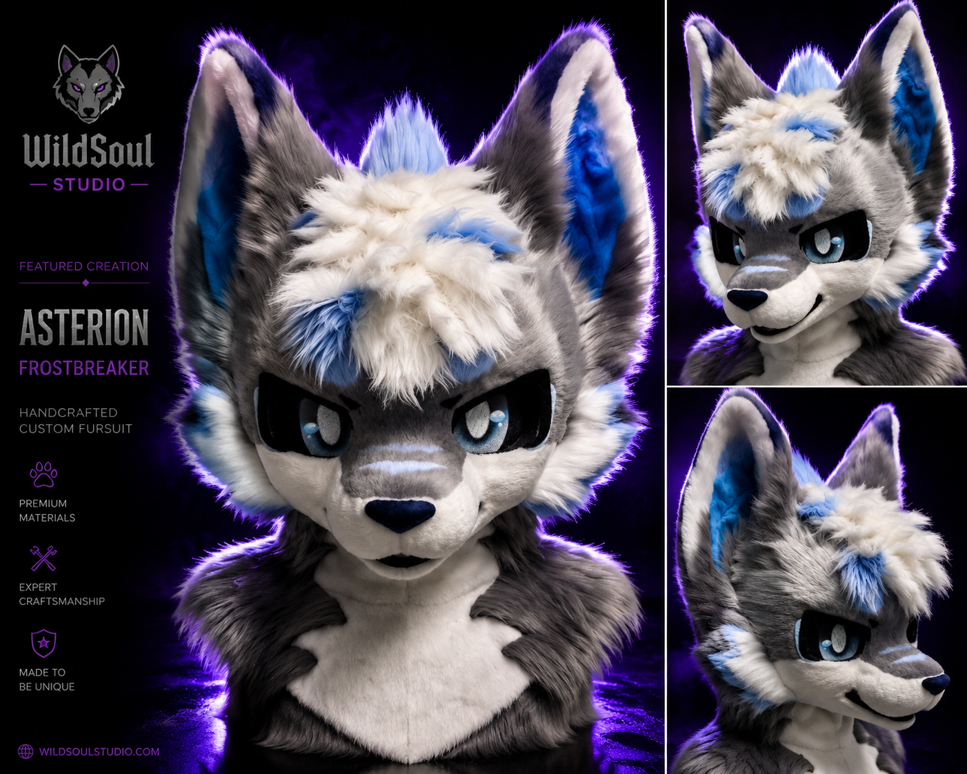 Multi-view showcase of Asterion Frostbreaker custom fursuit by WildSoul Studio