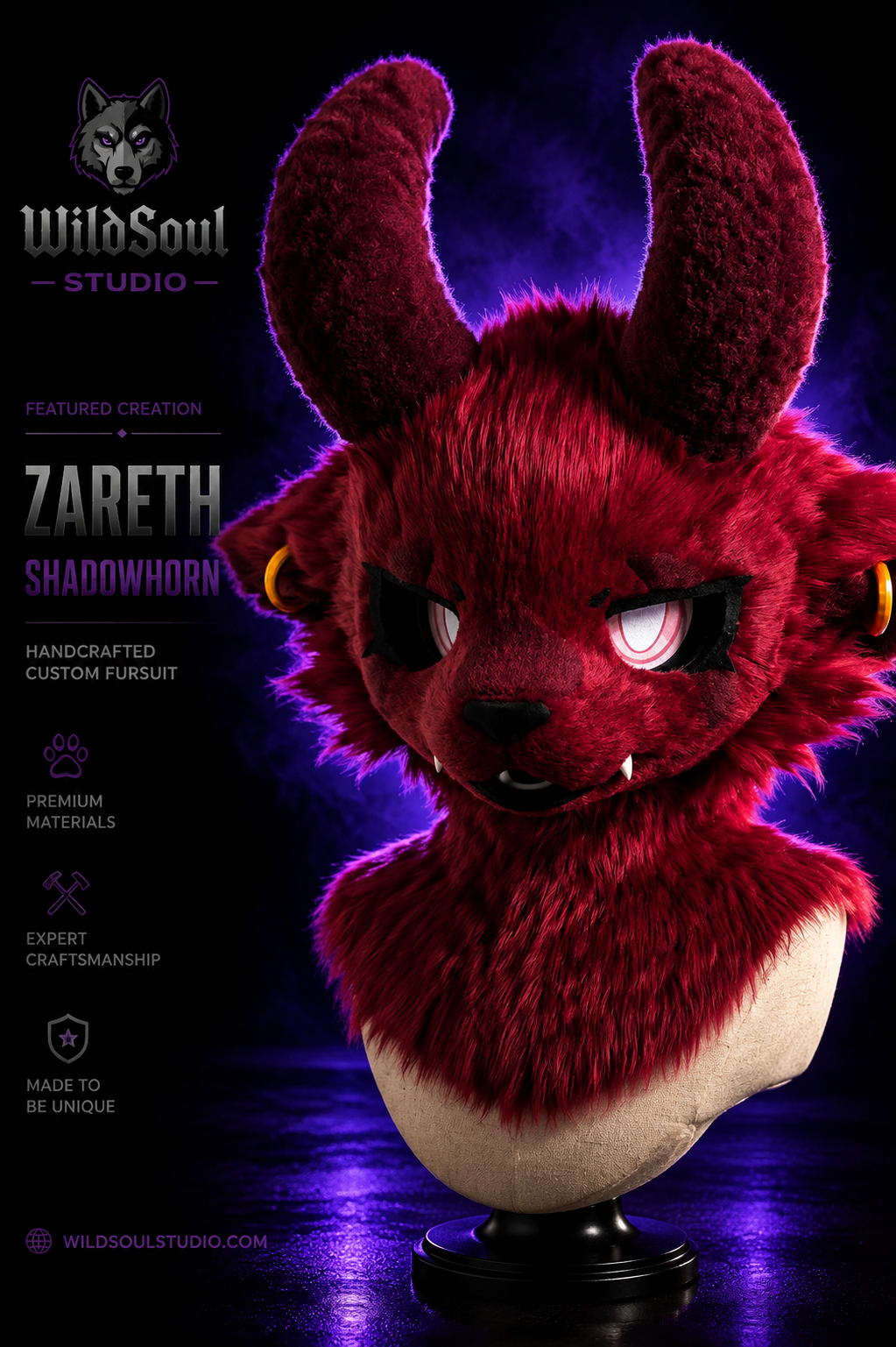 Close-up front view of Zareth Shadowhorn custom fursuit by WildSoul Studio