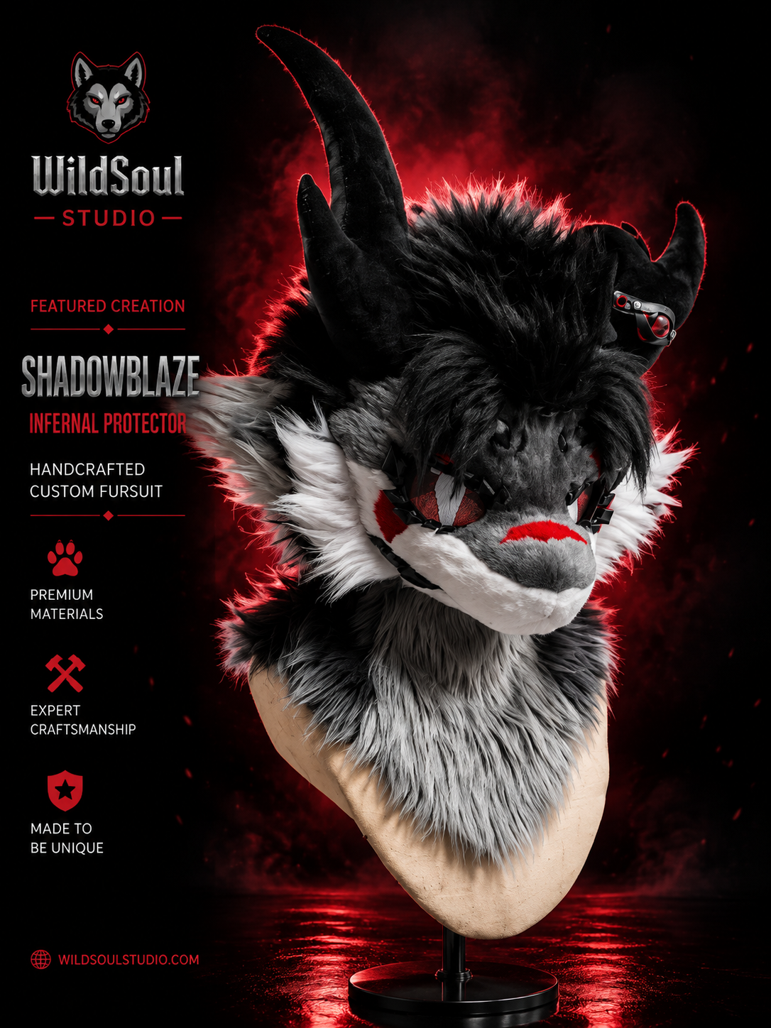 Alternate portfolio view of Shadowblaze, a completed custom fursuit creation by WildSoul Studio