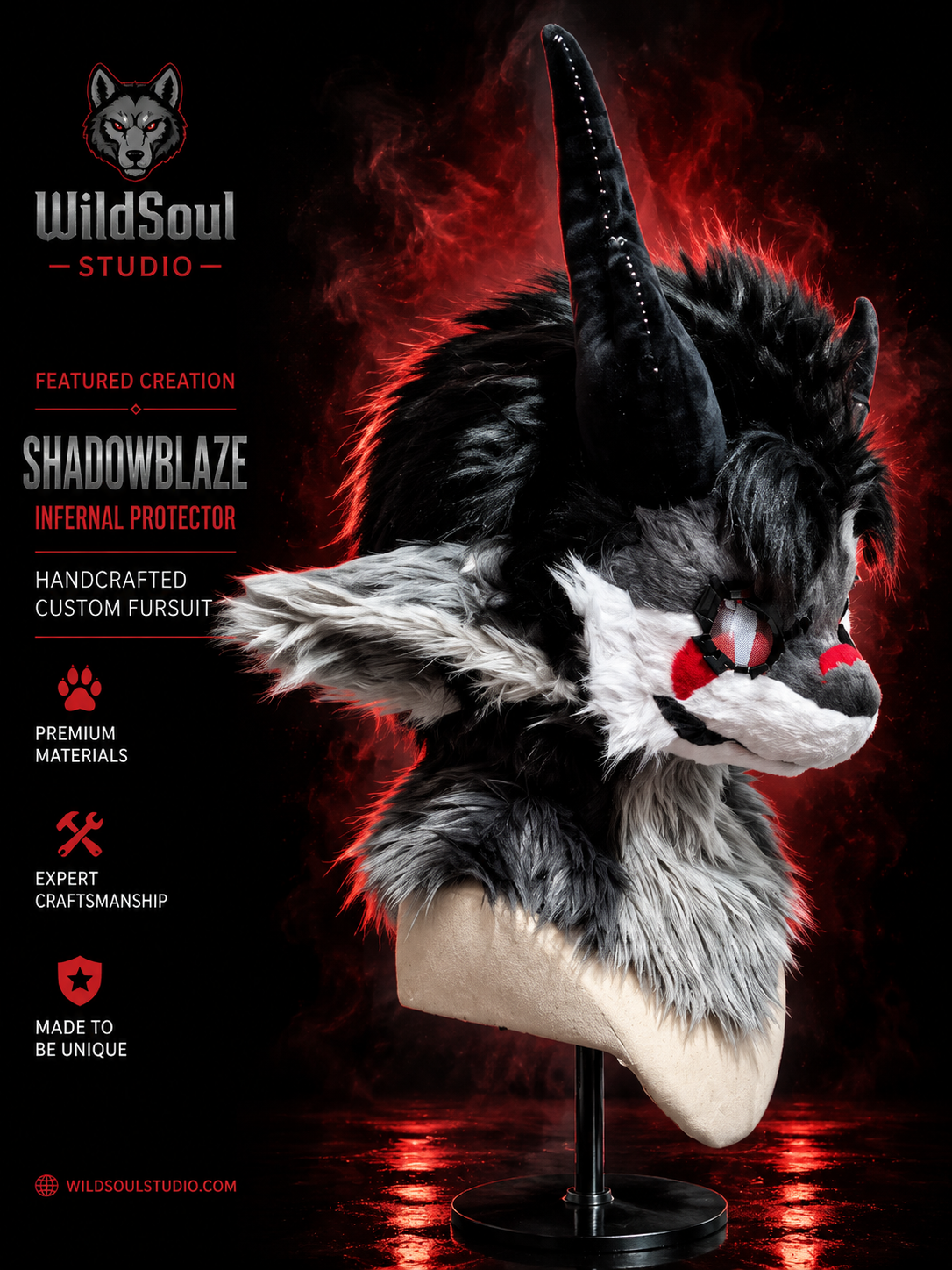 Character detail view of Shadowblaze, a completed custom fursuit creation by WildSoul Studio