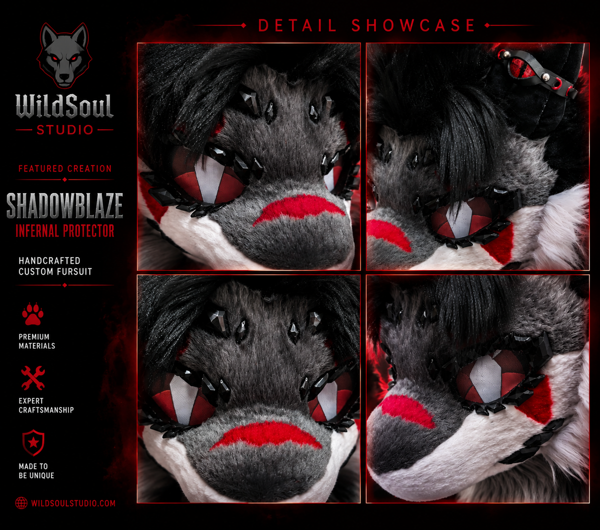 Additional portfolio view of Shadowblaze, a completed custom fursuit creation by WildSoul Studio