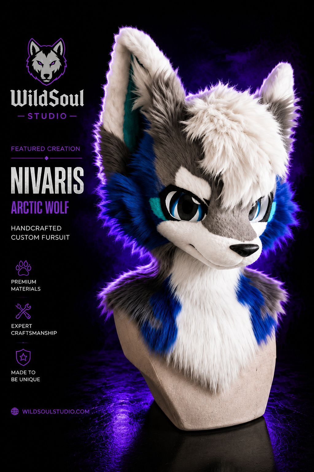 Alternate portfolio view of Nivaris, a completed custom fursuit creation by WildSoul Studio