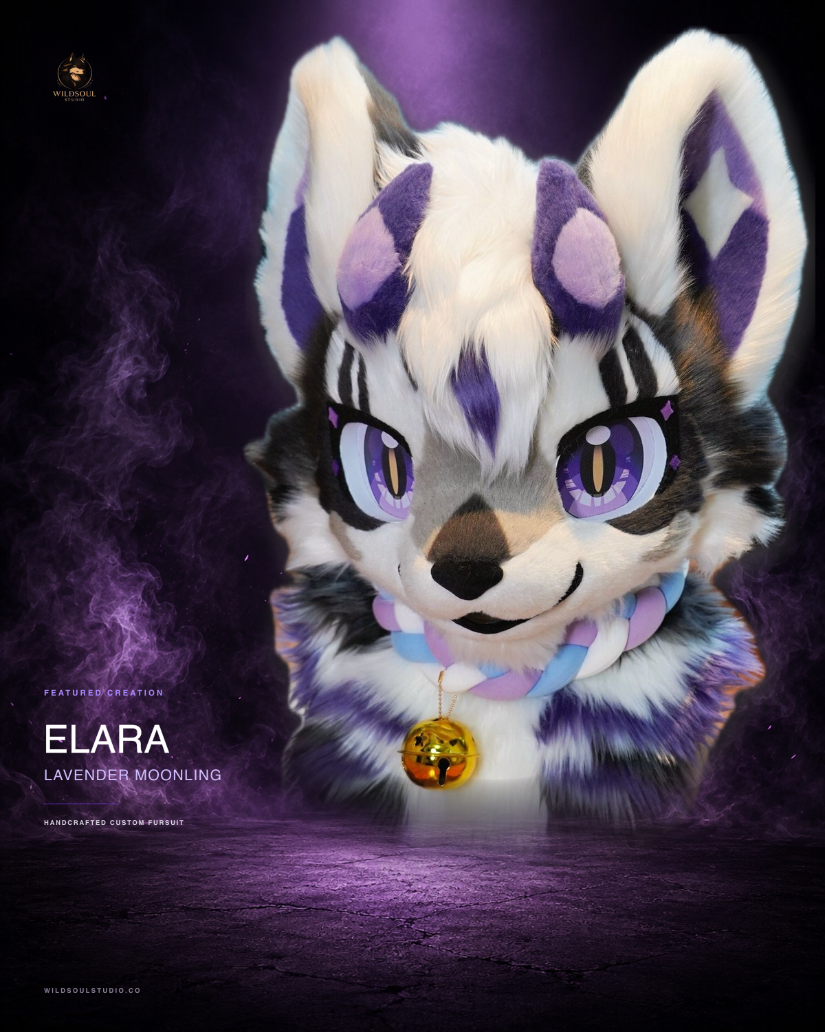 Featured portfolio view of Elara, a completed custom fursuit head by WildSoul Studio