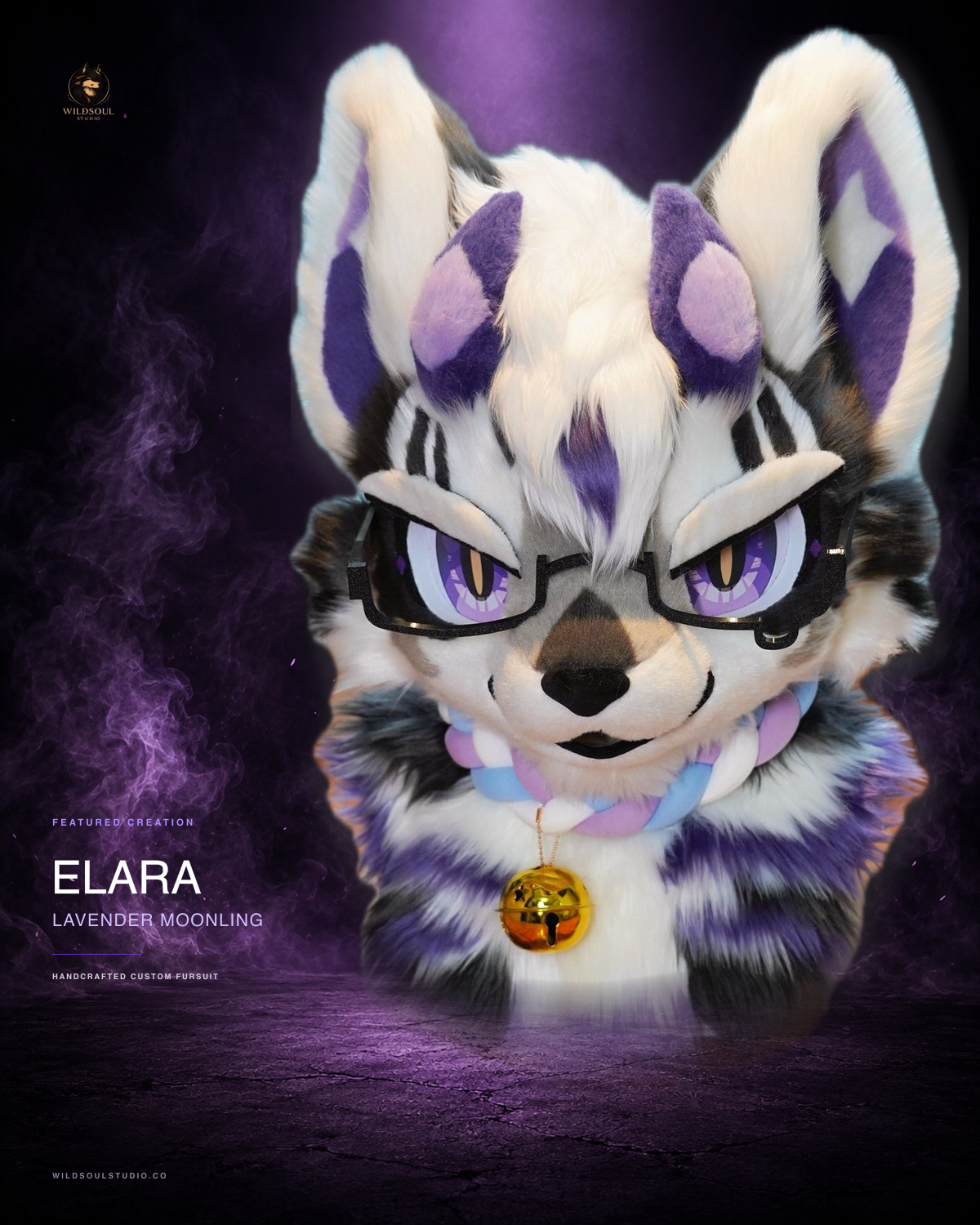 Character detail view of Elara, a completed custom fursuit head by WildSoul Studio