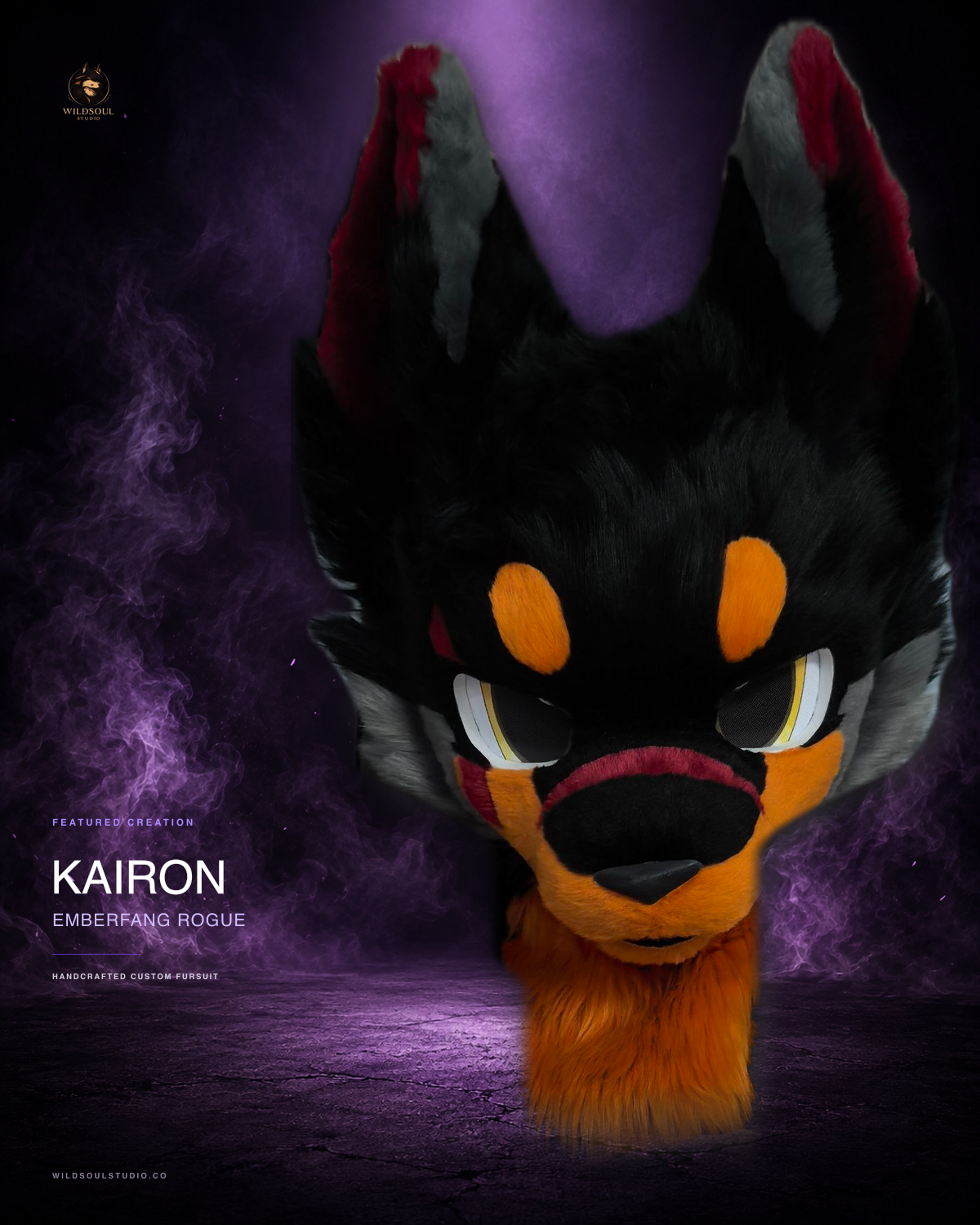 Featured portfolio view of Kairon, a completed custom fursuit head by WildSoul Studio