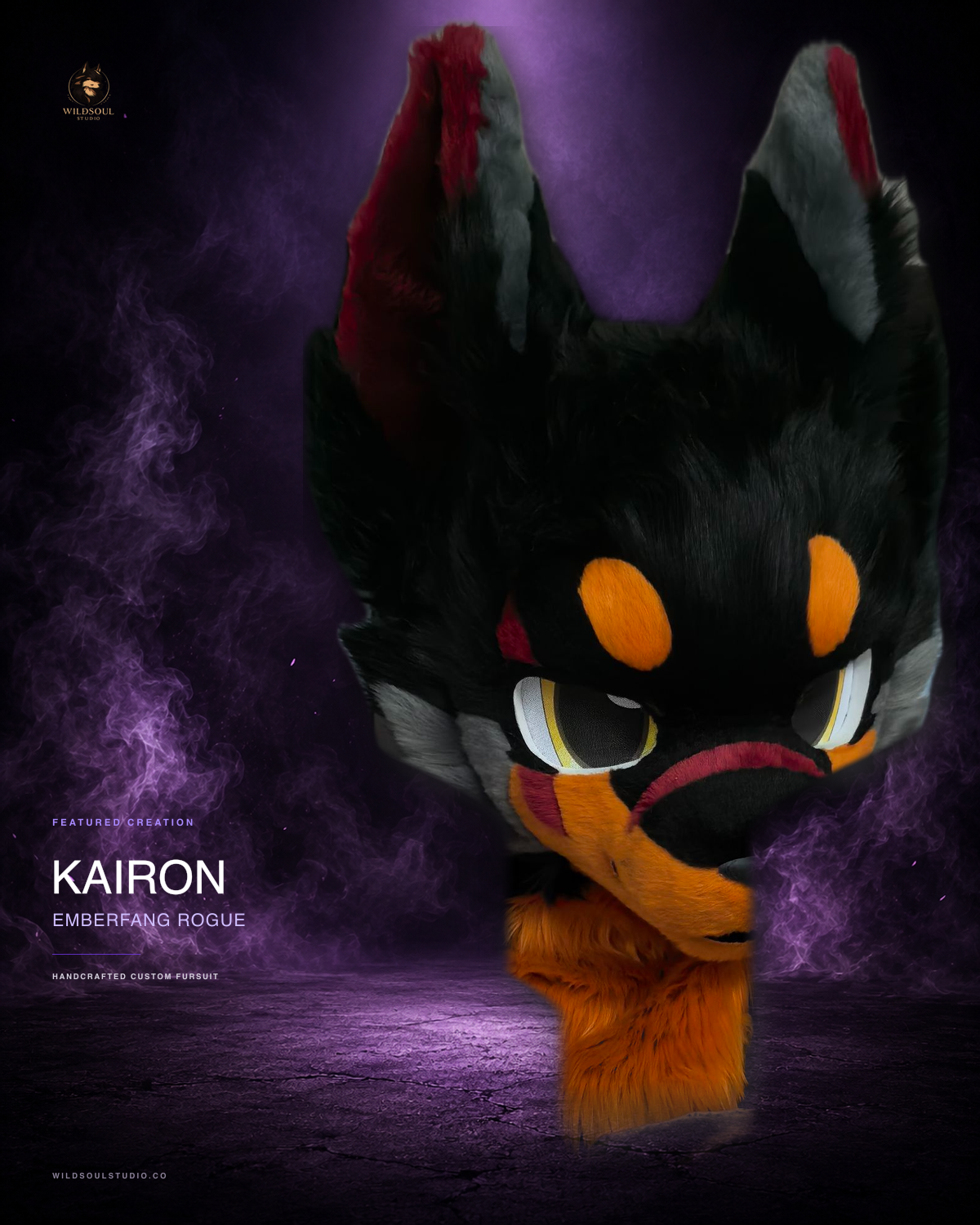 Alternate portfolio view of Kairon, a completed custom fursuit head by WildSoul Studio