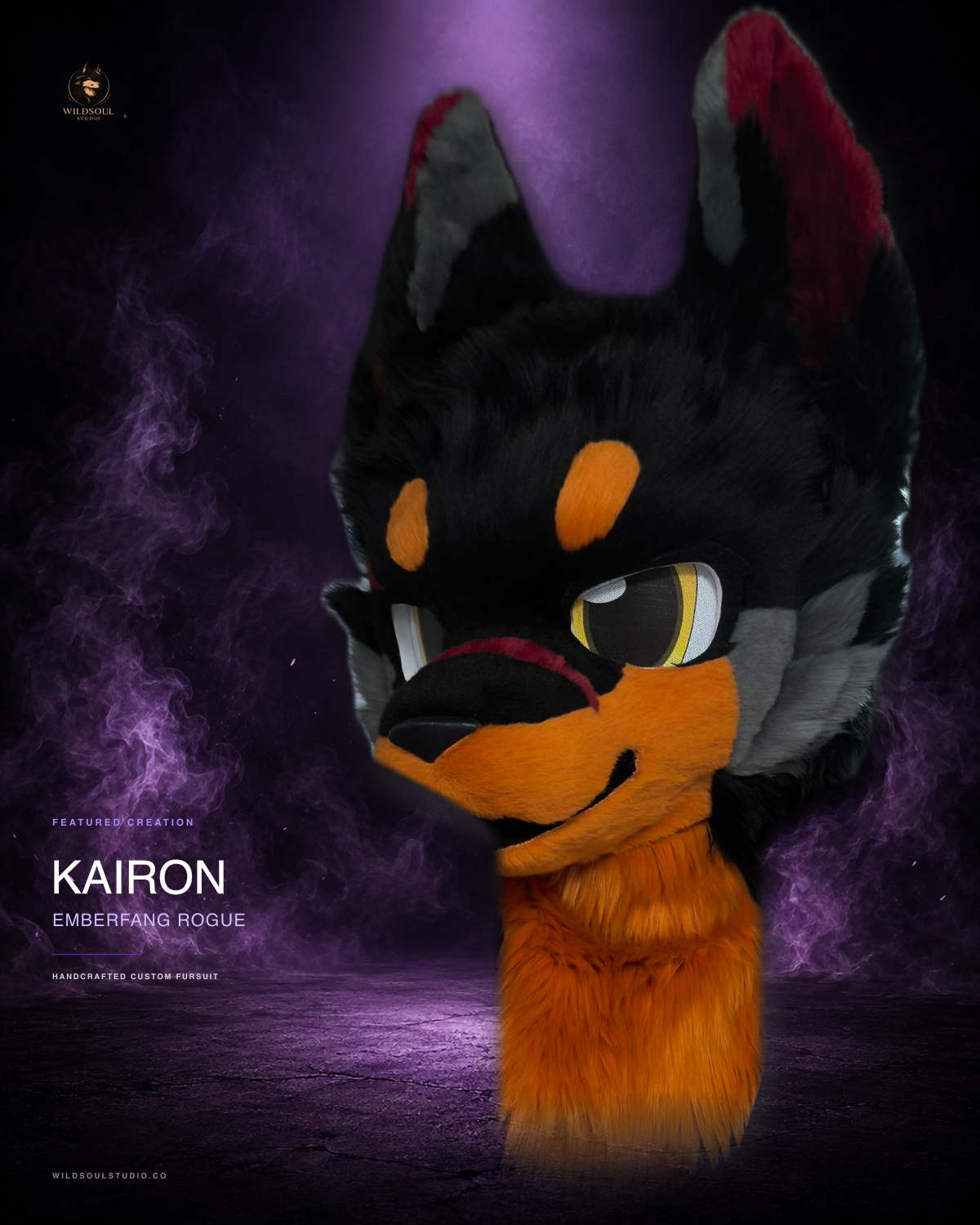 Character detail view of Kairon, a completed custom fursuit head by WildSoul Studio