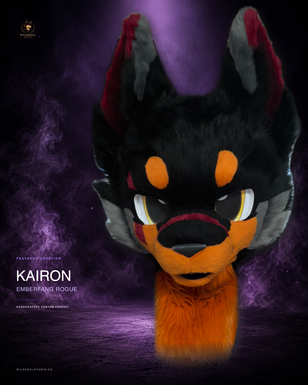 Additional portfolio view of Kairon, a completed custom fursuit head by WildSoul Studio