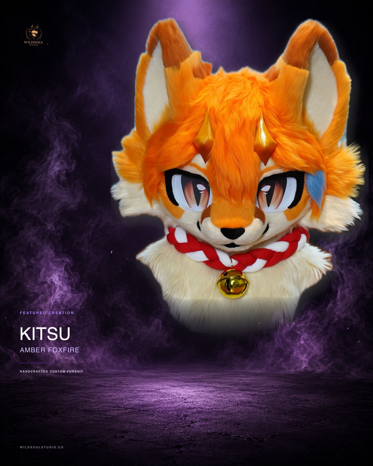 Featured portfolio view of Kitsu, a completed custom fursuit head by WildSoul Studio