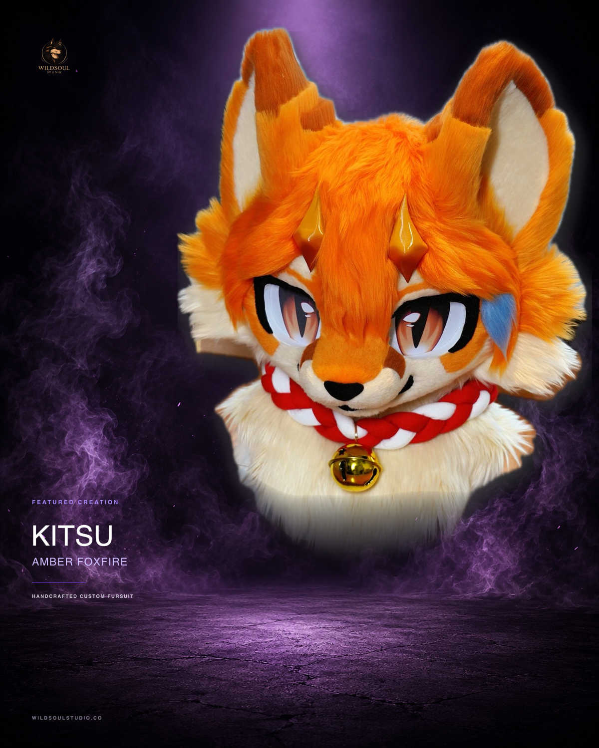 Alternate portfolio view of Kitsu, a completed custom fursuit head by WildSoul Studio