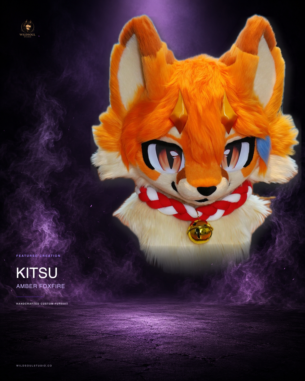 Character detail view of Kitsu, a completed custom fursuit head by WildSoul Studio