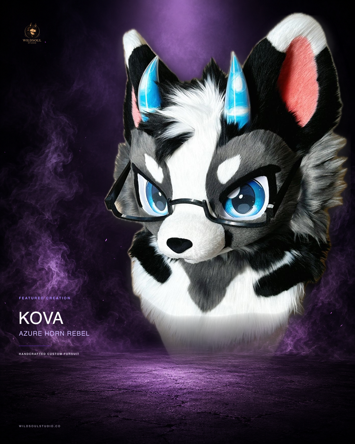 Featured portfolio view of Kova, a completed custom fursuit head by WildSoul Studio