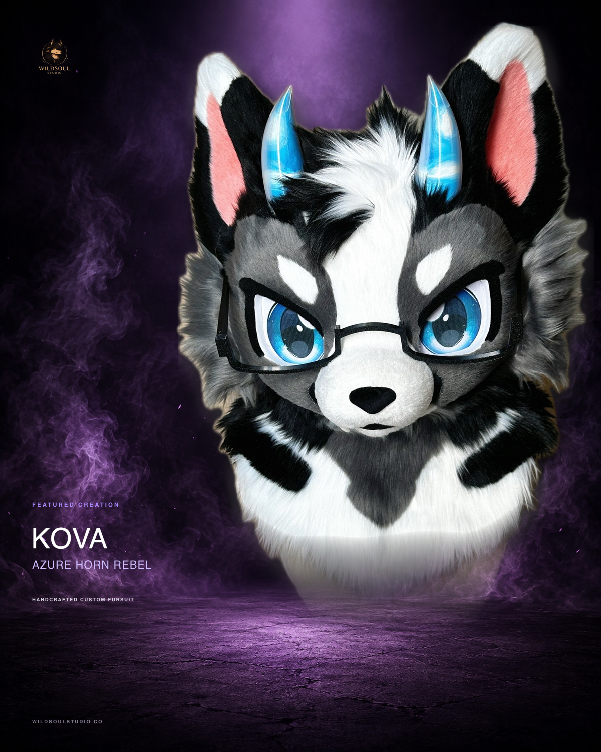Alternate portfolio view of Kova, a completed custom fursuit head by WildSoul Studio