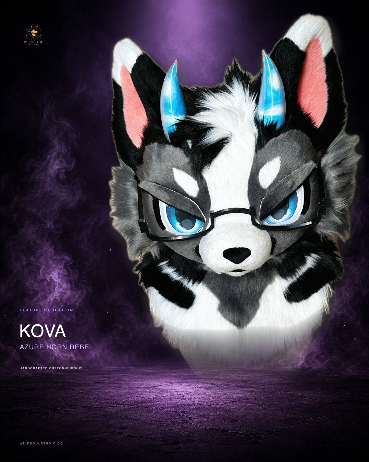 Character detail view of Kova, a completed custom fursuit head by WildSoul Studio