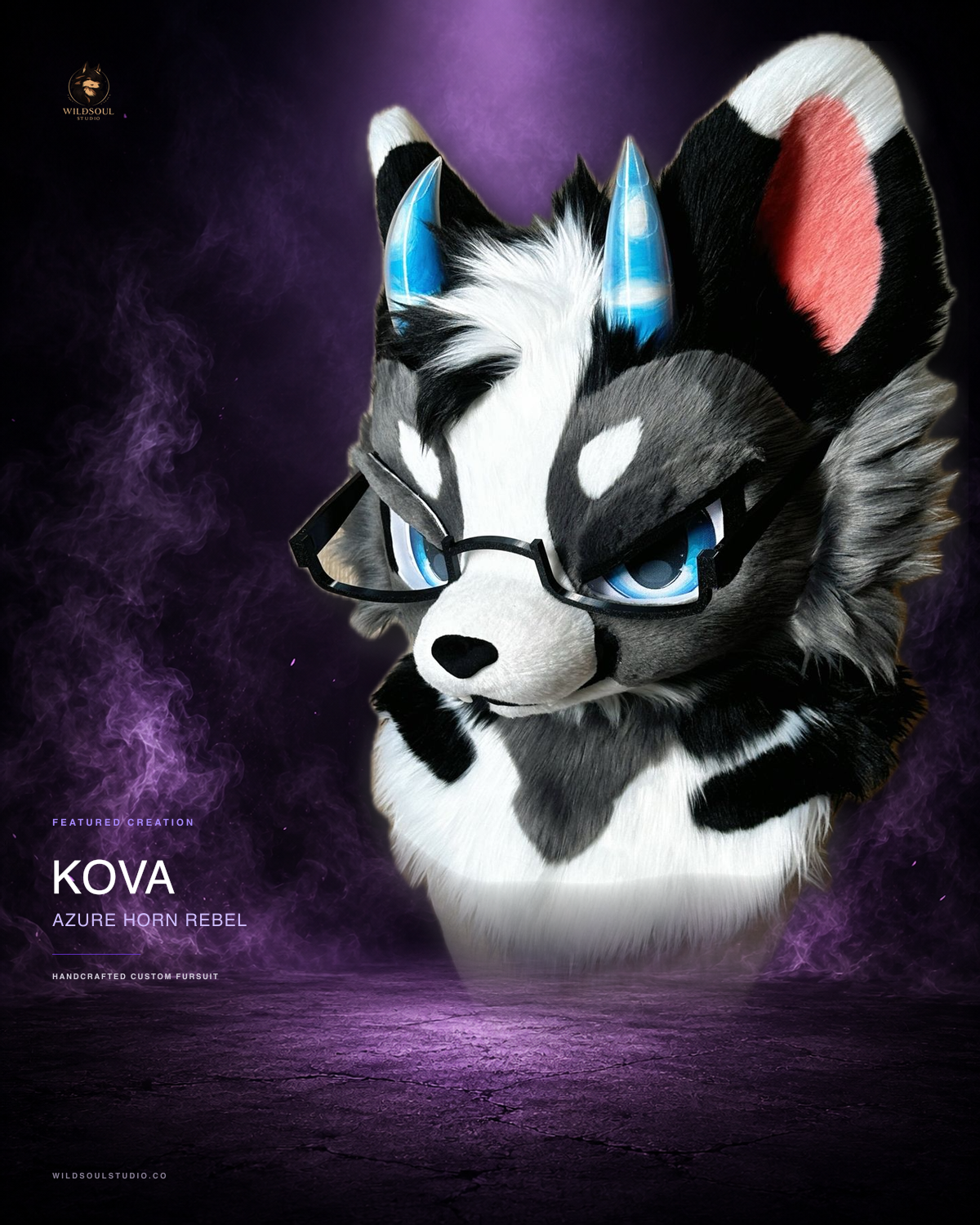 Additional portfolio view of Kova, a completed custom fursuit head by WildSoul Studio
