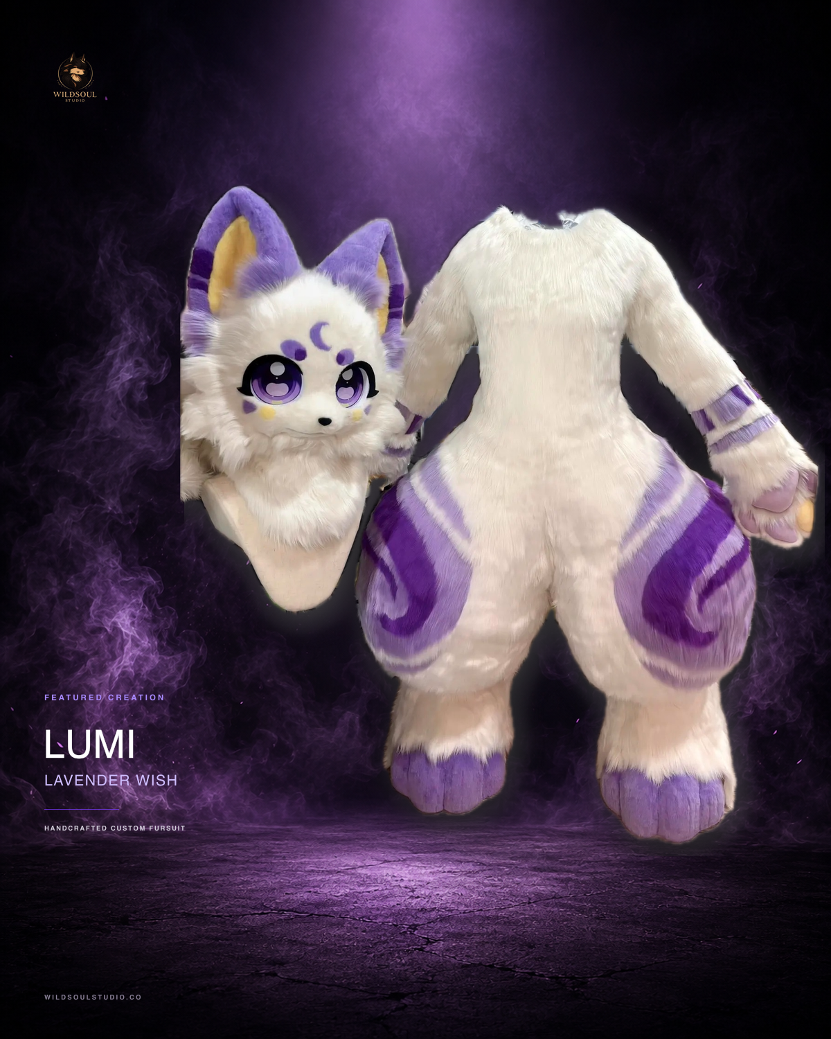 Featured portfolio view of Lumi, a completed custom full fursuit by WildSoul Studio