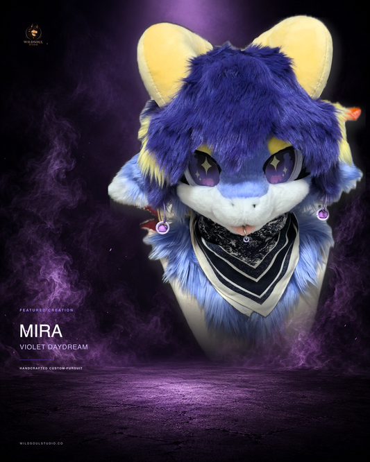 Featured portfolio view of Mira, a completed custom fursuit head by WildSoul Studio