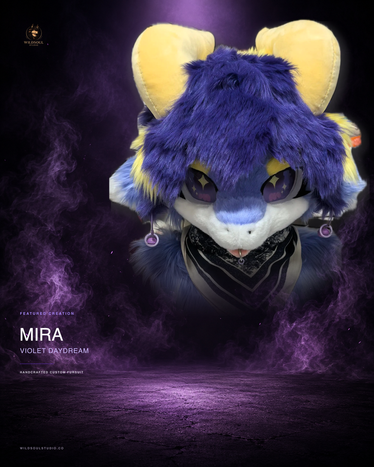 Alternate portfolio view of Mira, a completed custom fursuit head by WildSoul Studio